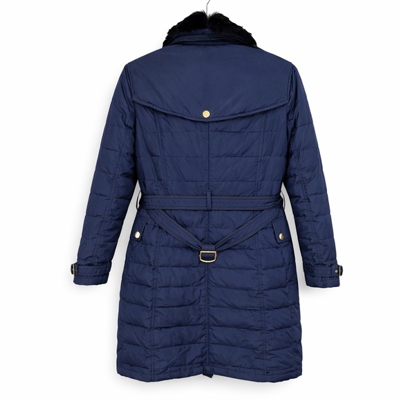 Burberry Brit Navy Down Puffer Parka Coat Fur Collar Belted Double-Breasted Sz M - Picture 4 of 14